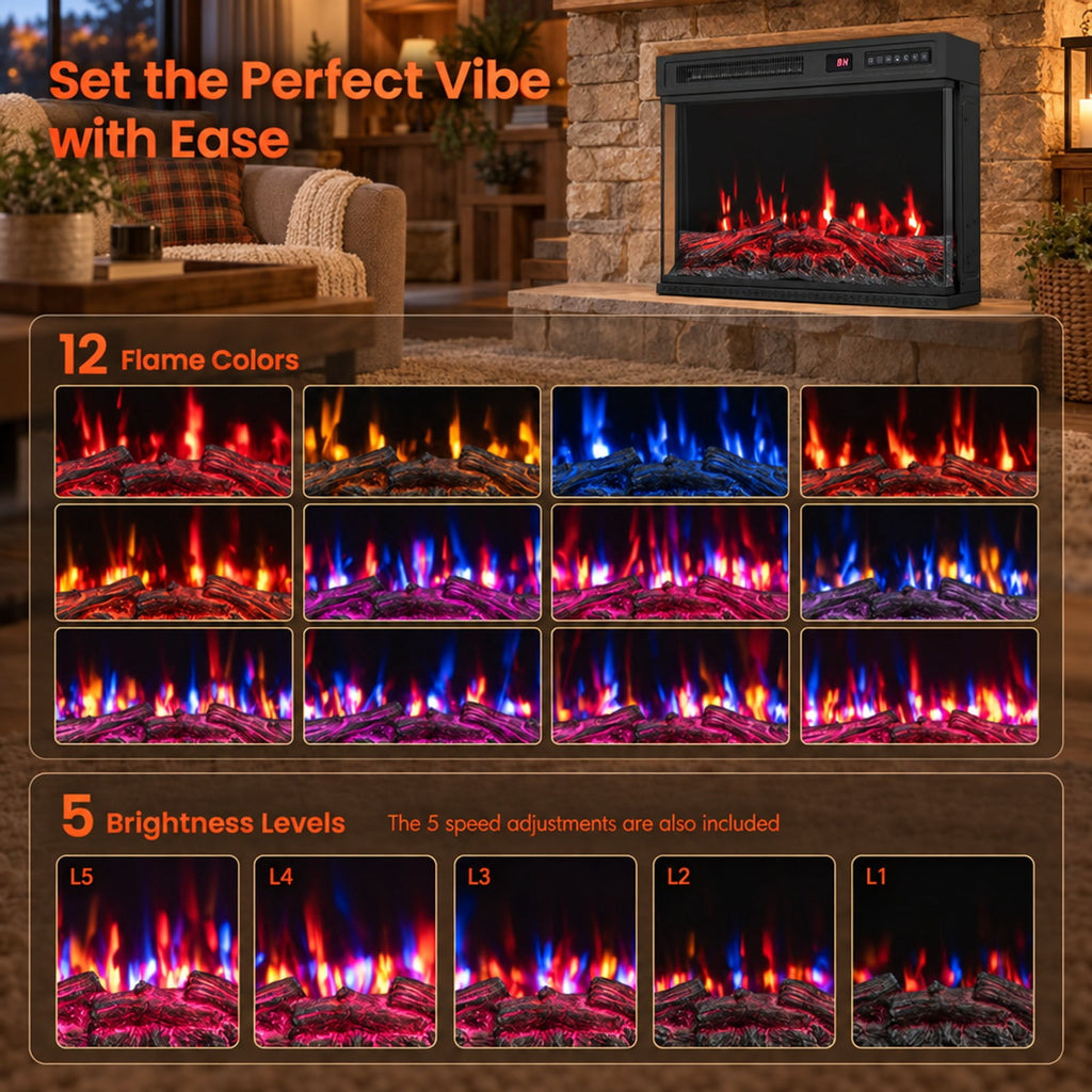 Airfind 24 Inch Electric Fireplace Insert, 3-Sided Glass Built-in Recessed Fireplace featuring 12 Flame Colors, Remote Control and Timer, Black