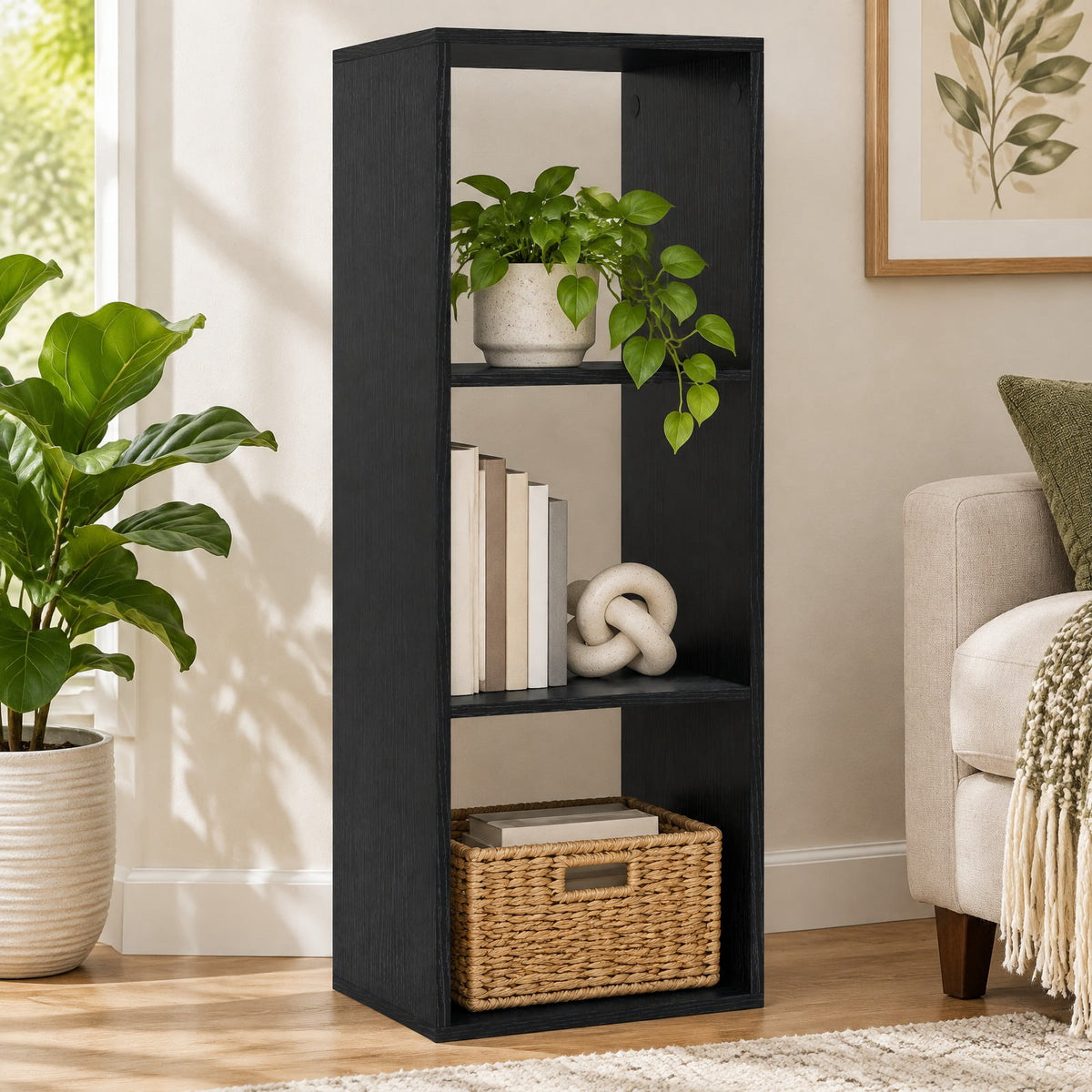Airfind 3 Cube Bookshelf with Back Guardrail for Living Room Bedroom, Engineered Wood Frame, 14 Inch x 13 Inch x 41 Inch Depth of Bottom Shelf 12 Inch Footprint