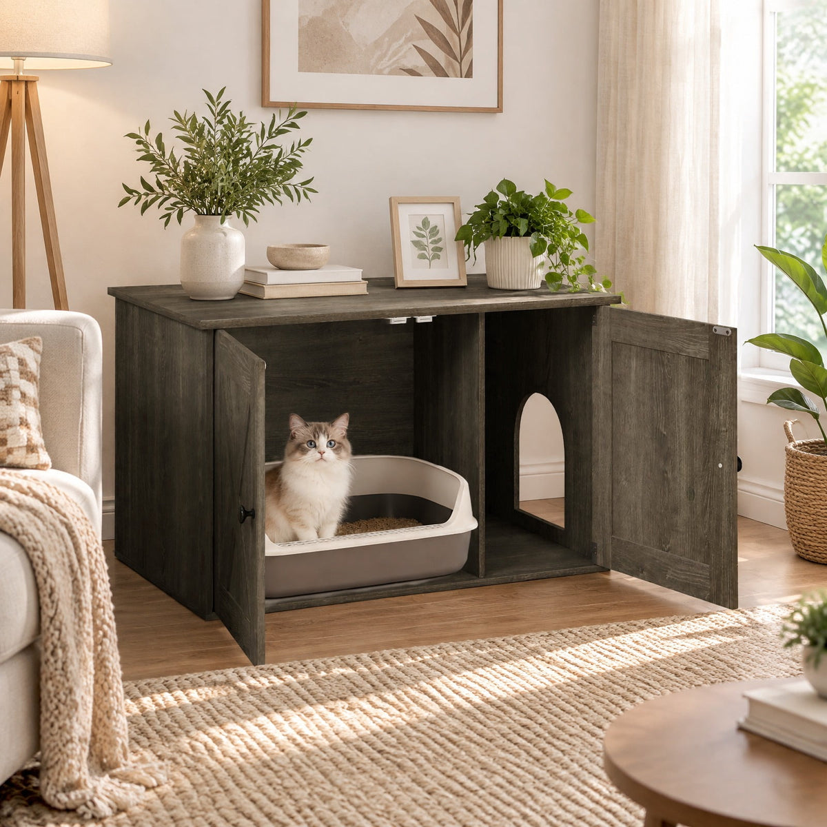 Airfind Hidden Cat Litter Box Enclosure Furniture with Divider, White, Large tabletop for plants decorations or storage, for Everyday Home Use