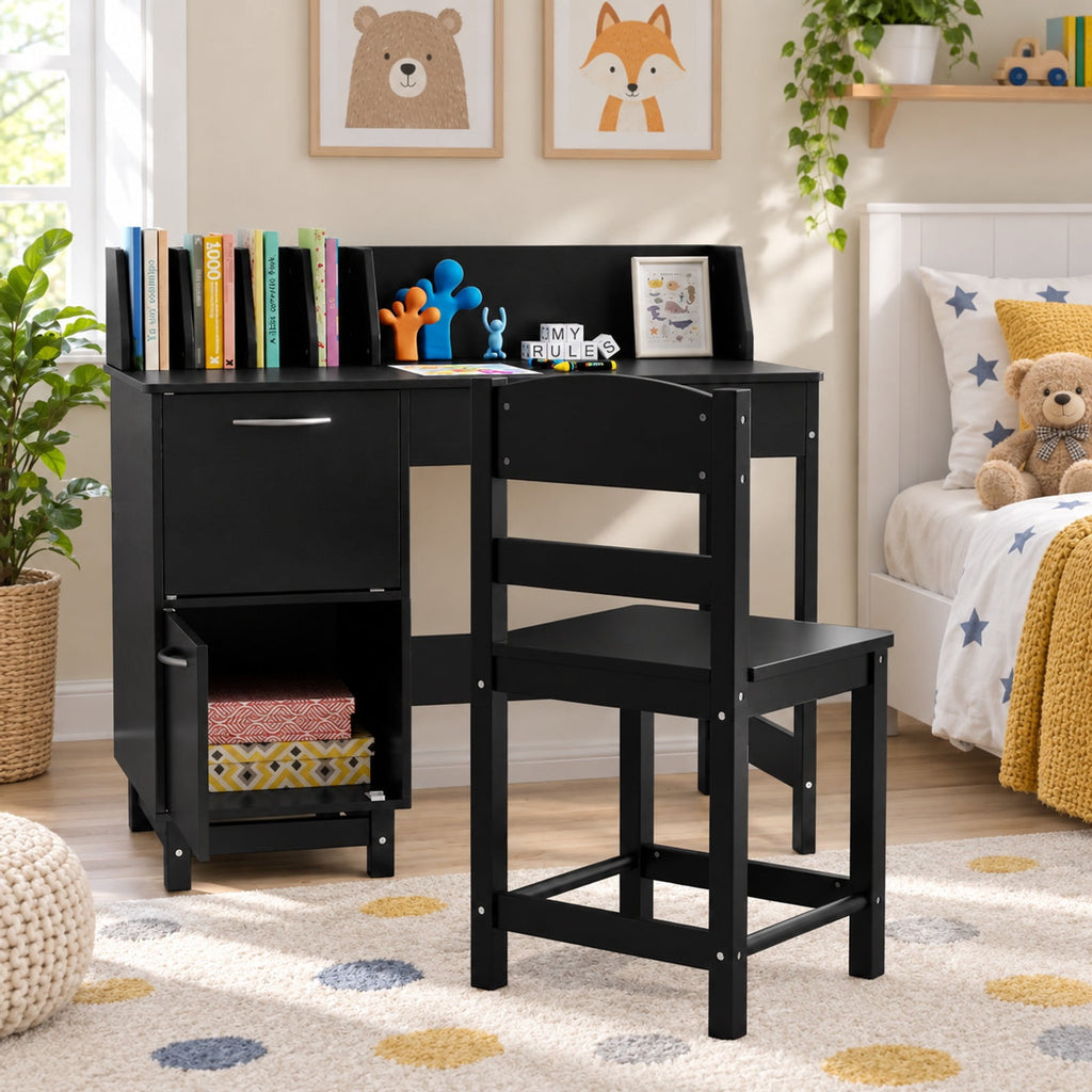 Airfind Wooden Kids Study Desk and Chair Set Student Workstation, 110 lbs Capacity, MDF Solid Wood Frame, for 3+, 35.5 x 18 x 32 Footprint, Black