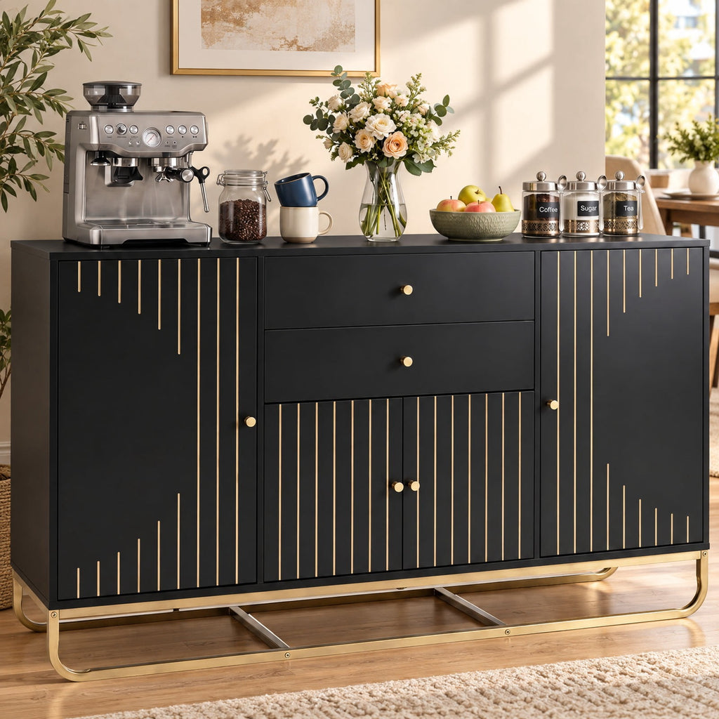 Airfind Modern Buffet Sideboard Cabinet w/ 2 Drawers Adjustable Shelves for Dining Room, 176 lbs Capacity, Engineered Wood Metal Frame, Black