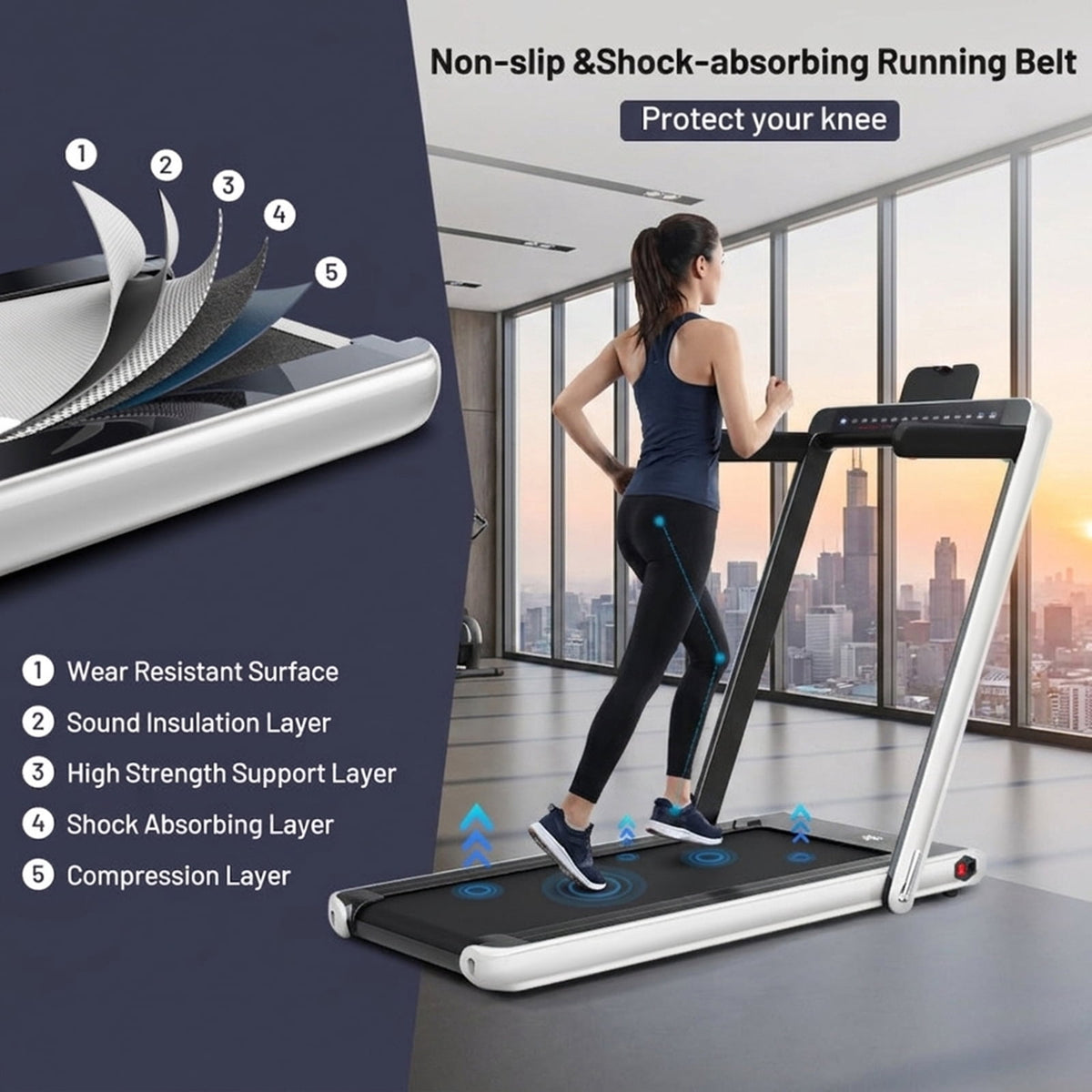 Airfind 2-in-1 Walk-to-Run Folding Treadmill Audio Console, White