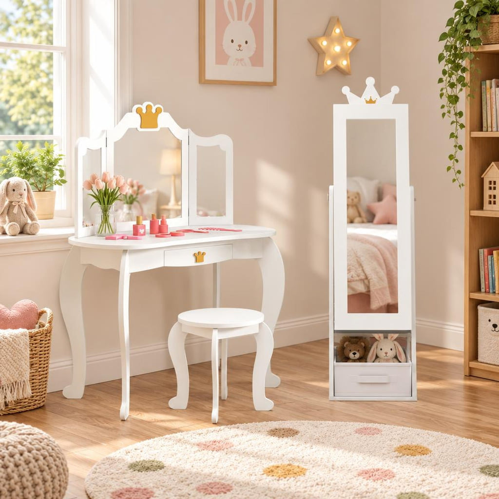 Airfind Free-Standing Full Length Kids Jewelry Armoire Cabinet with Storage Capacity, MDF Frame, 12.5 Inch x 12 Inch x 45.5 Inch Footprint, White