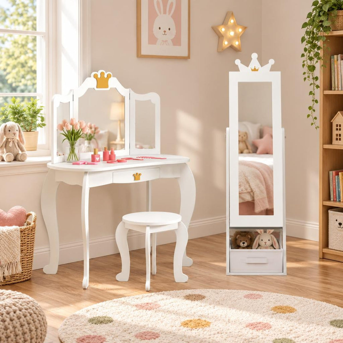 Airfind Free-Standing Full Length Kids Jewelry Armoire Cabinet with Storage Capacity, MDF Frame, 12.5 Inch x 12 Inch x 45.5 Inch Footprint, White