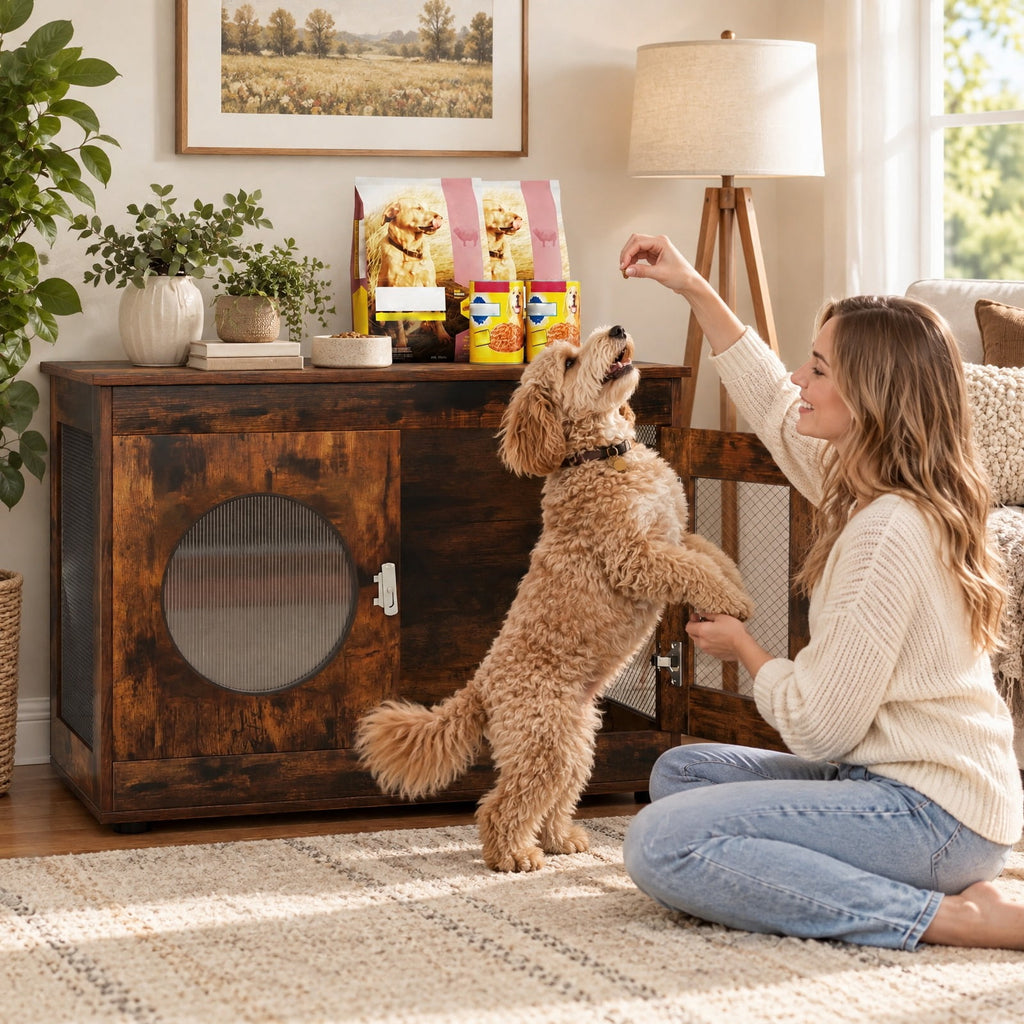 Airfind Furniture Style Dog Crate for Small and Medium Dogs with Translucent Window and Lockable Door, 88 lbs Capacity, Brown