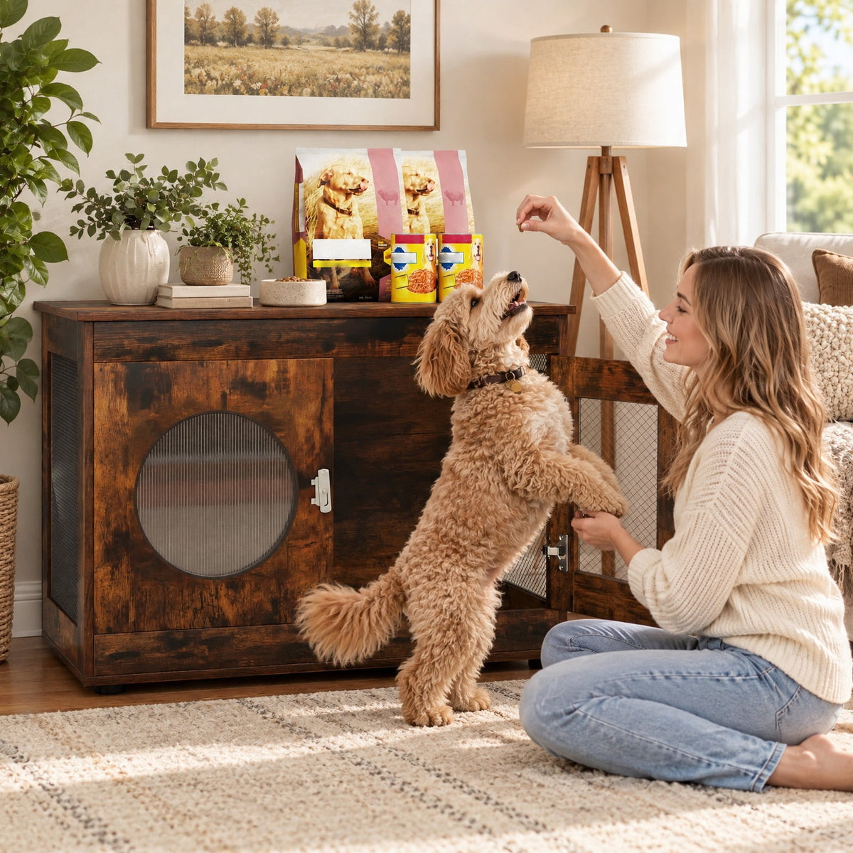 Airfind Furniture Style Dog Crate for Small and Medium Dogs with Translucent Window and Lockable Door, 88 lbs Capacity, Brown