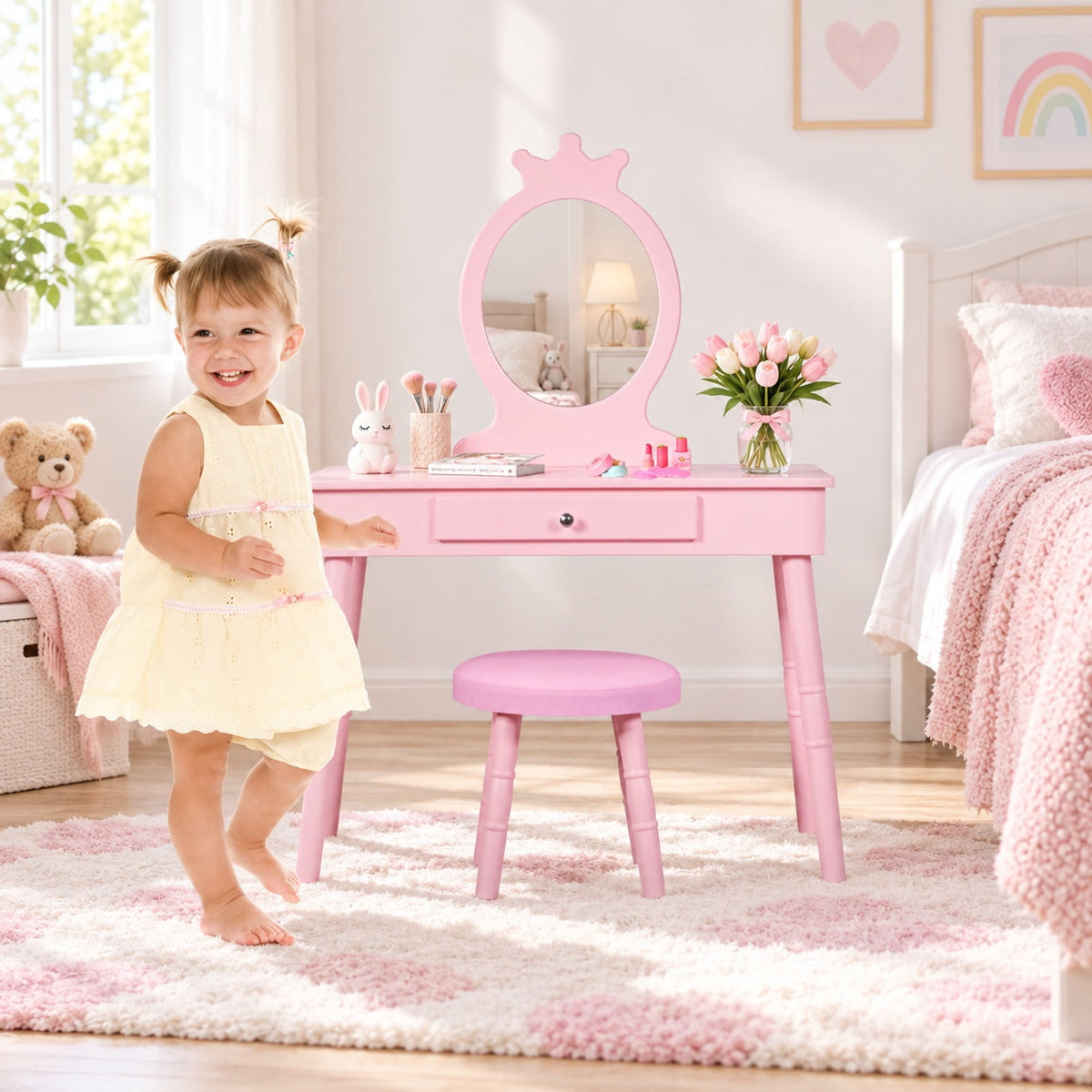 Airfind Kids Vanity Makeup Table and Chair Set Make Up Stool, 33 lbs Capacity, MDF pine wood Frame, 27.5 Inch x 13.5 Inch x 40 Inch Footprint, Pink