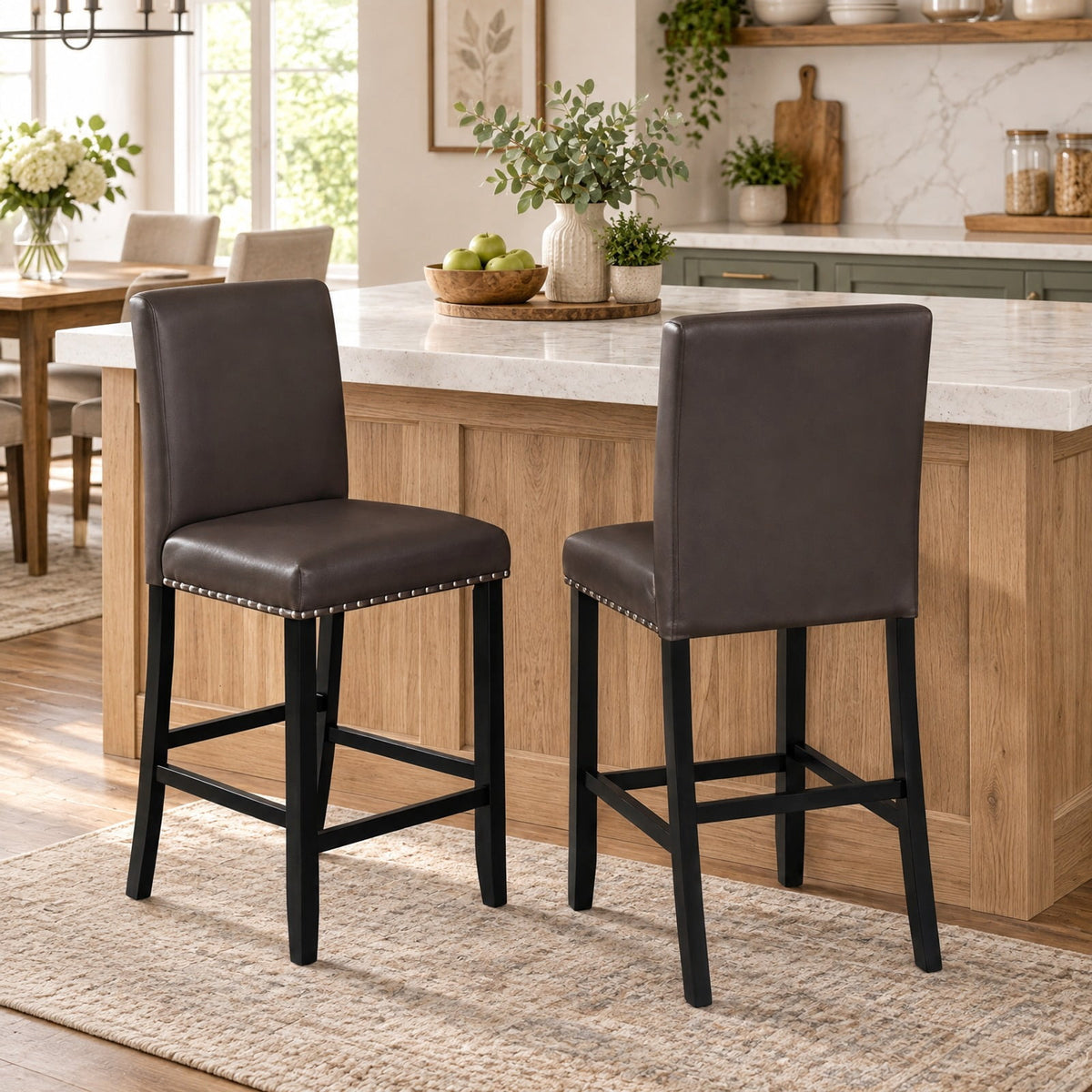 Airfind Set of 2 Bar Stools with Back for Kitchen Island, 245 lbs Capacity, Linen fabric(Gray)/PVC Leather(Black) LVL Frame, Brown