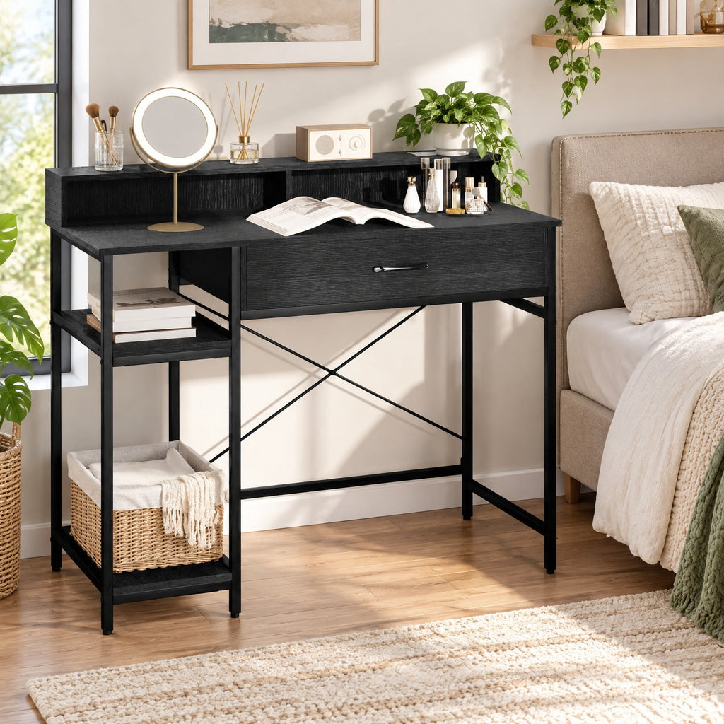 Airfind Computer Desk with Power Outlets 42inch Writing Desk with Hutch Drawer and 2 Open Shelves, 110 lbs Capacity, Engineered Wood Metal Frame