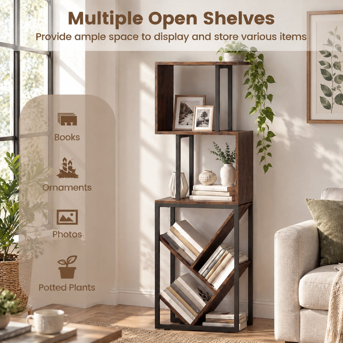 Airfind 6-Tier Bookshelf Floor Standing Tree S-Shaped Geometric Bookcase with Open Shelves, 44 lbs Capacity, Engineered Wood Metal Frame, Brown
