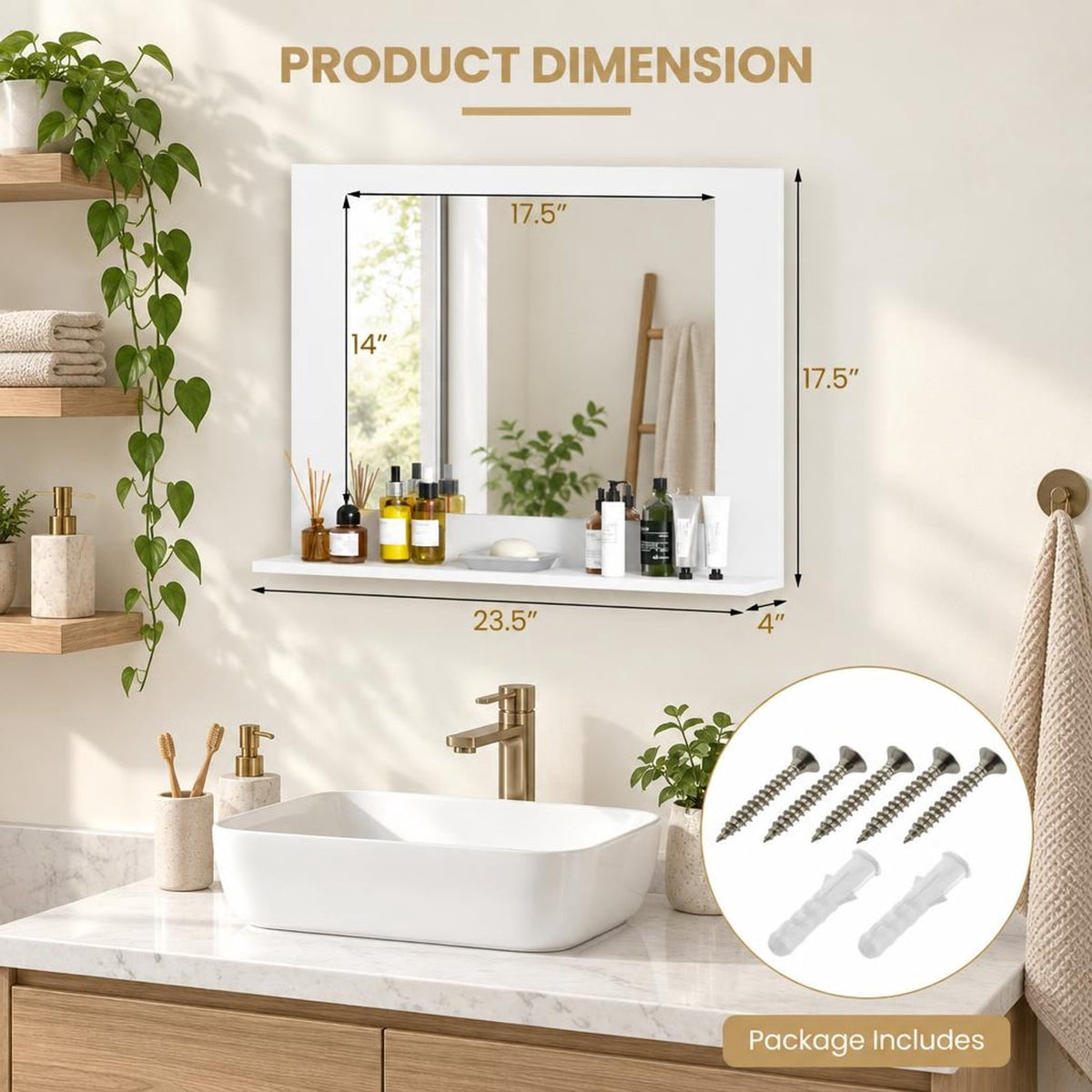 Airfind Rectangle Bathroom Mirror with Shelf 23.5 x 17.5 Inch and Wood Frame, 23.5 x 4 x 17.5Mirror Footprint, White