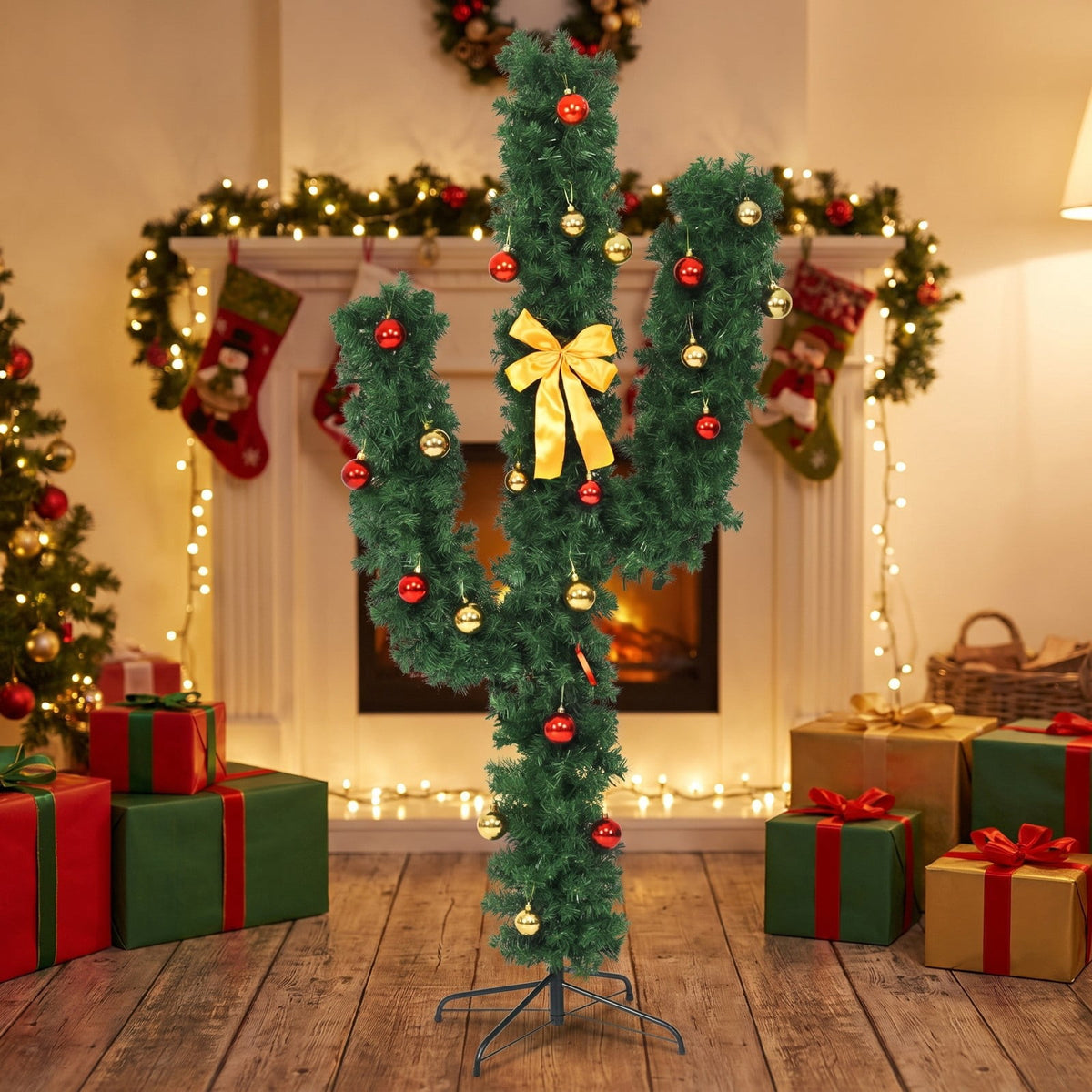 Airfind 6 Feet Artificial Cactus PVC Christmas Tree with LED Lights and Ball Ornaments-6 ft, PVC Metal Frame, Green