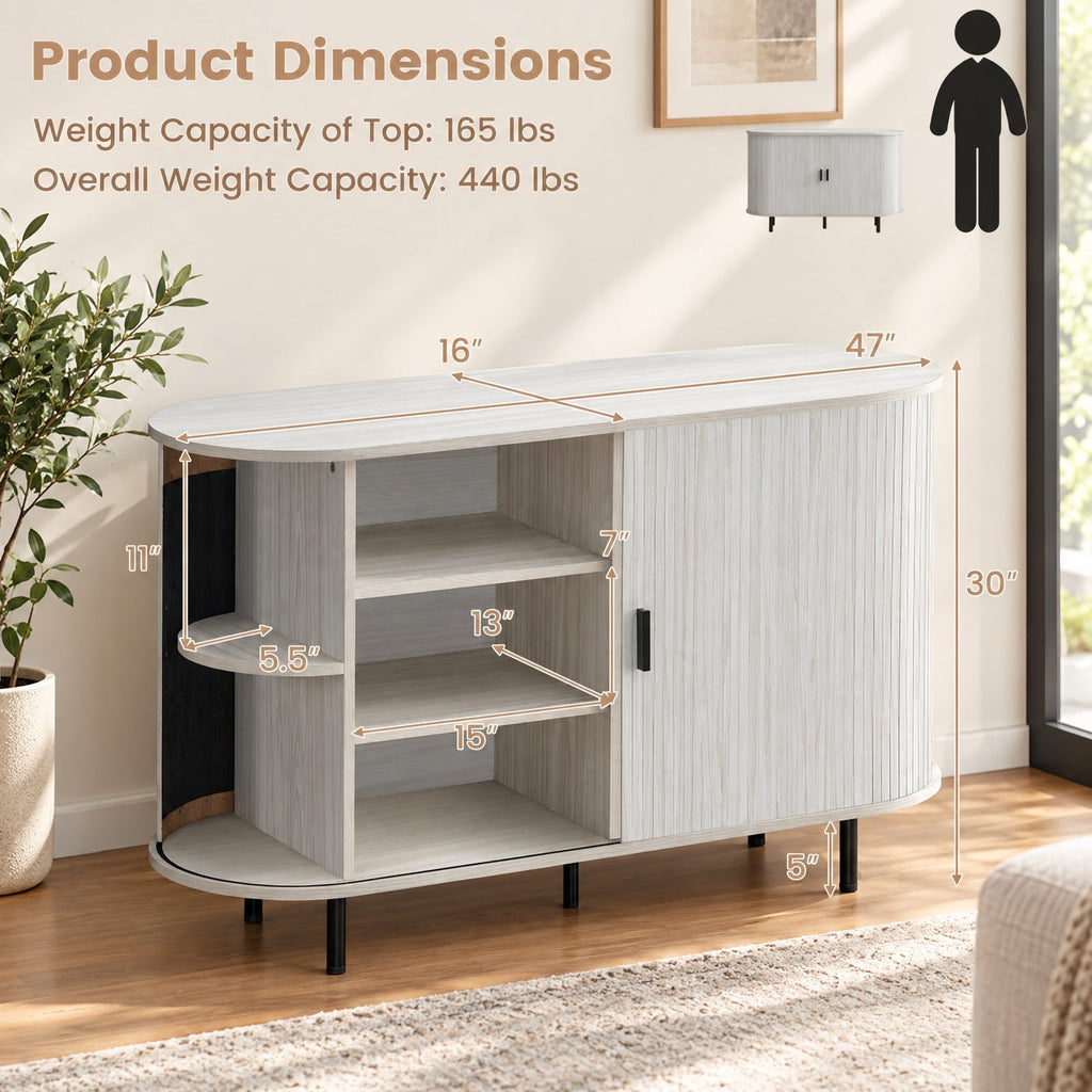 Airfind 47 Inch Fluted Sideboard Buffet Cabinet with Tambour Sliding Doors and Metal Legs, Engineered Wood MDF Metal Plastic Frame, Grey