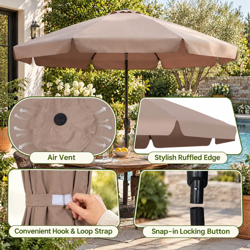 Airfind 10 FT Scalloped Patio Umbrella with Push Button Tilt and 8 Fiberglass Ribs, Fiberglass Polyester Fabric Metal ABS Frame, Brown
