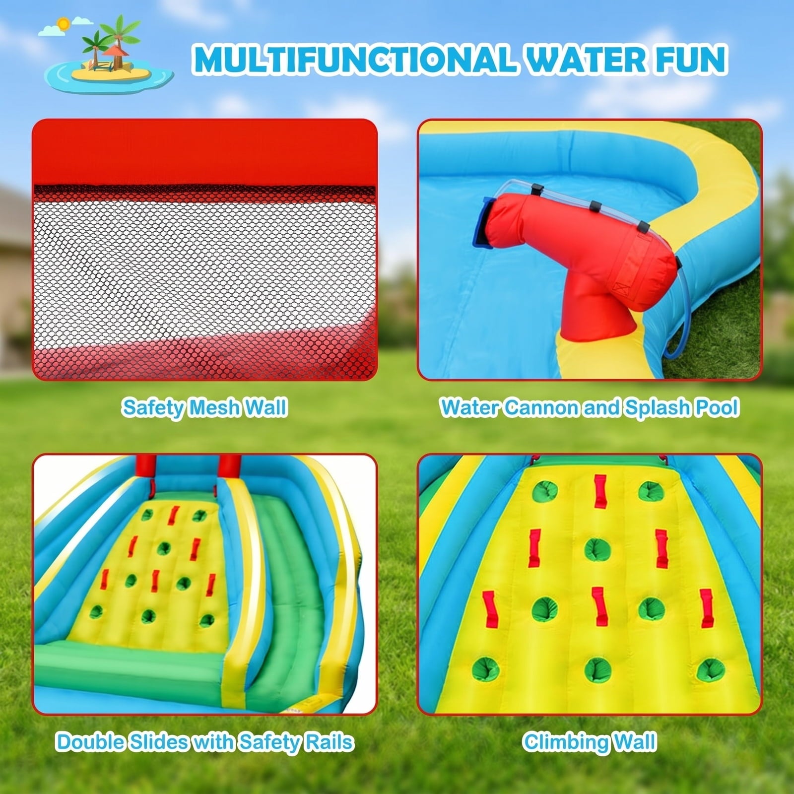 Airfind Double-Side Inflatable Water Slide Park with Climbing Wall, Dual Slides, Splash Pool and Water Cannon, 178x144x92in Bounce House for Kids 3-8