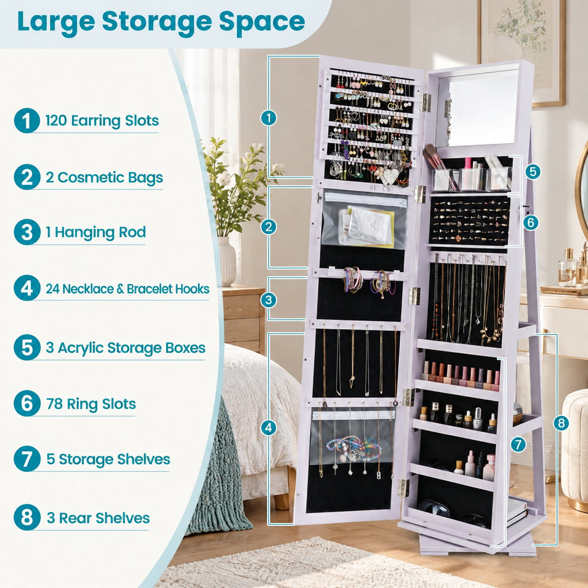 Airfind 360° Rotatable 2-in-1 Lockable Jewelry Cabinet with Full-Length Mirror, P2 MDF Frame, 15 Inch x 15 Inch x 63.5 Inch (L x W x H) External Footprint