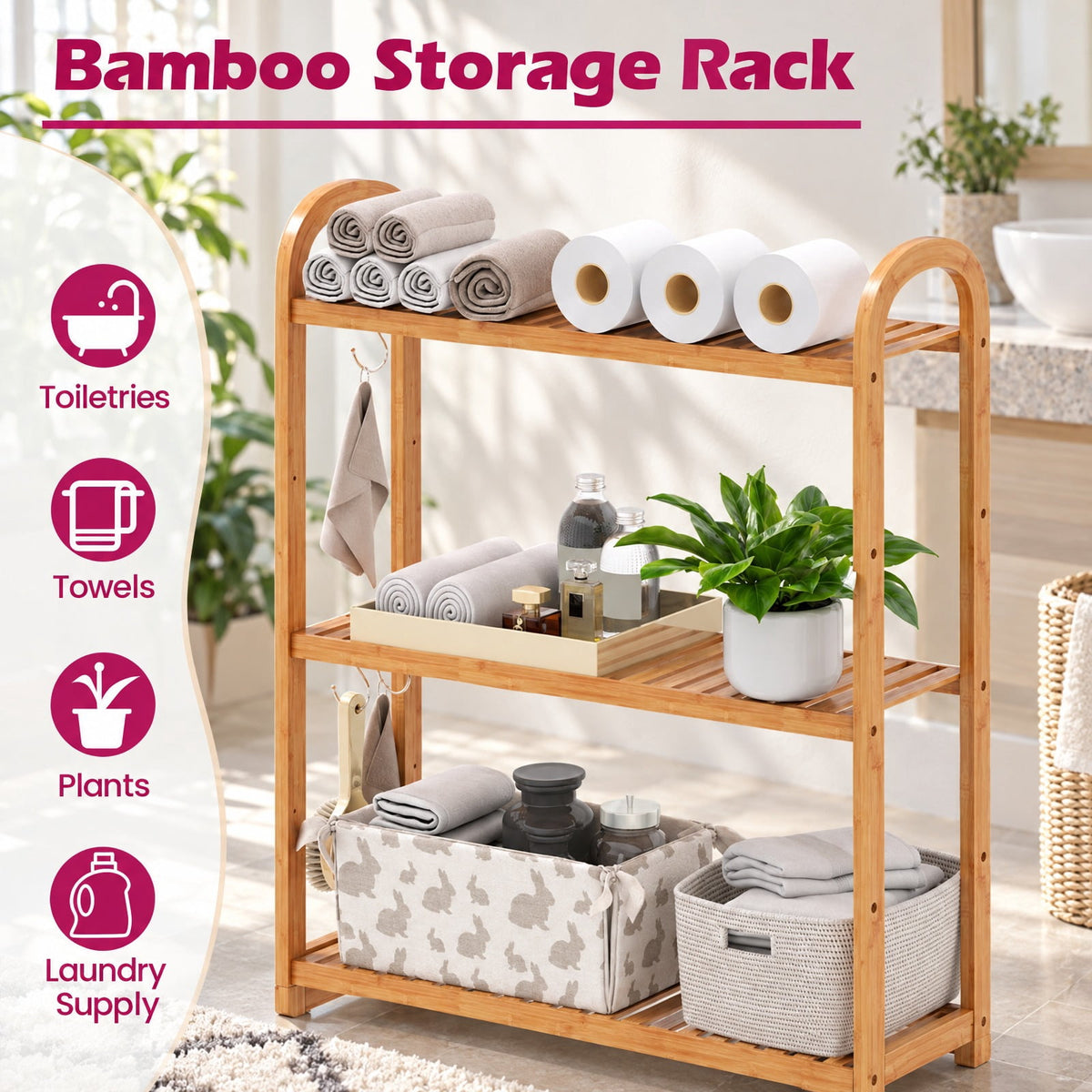 Airfind 3-Tier Bamboo Bathroom Floor Organizer with 5-Position Shelves and 3 Hooks, 132 lbs Capacity, Bamboo Frame, Natural