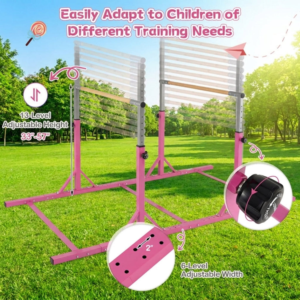 Airfind Adjustable Foldable Gymnastics Bar for Home with Heavy-Duty Steel Frame and Non-Slip Rubber Feet plus Safety Lock Pins for Kids Training, Pink