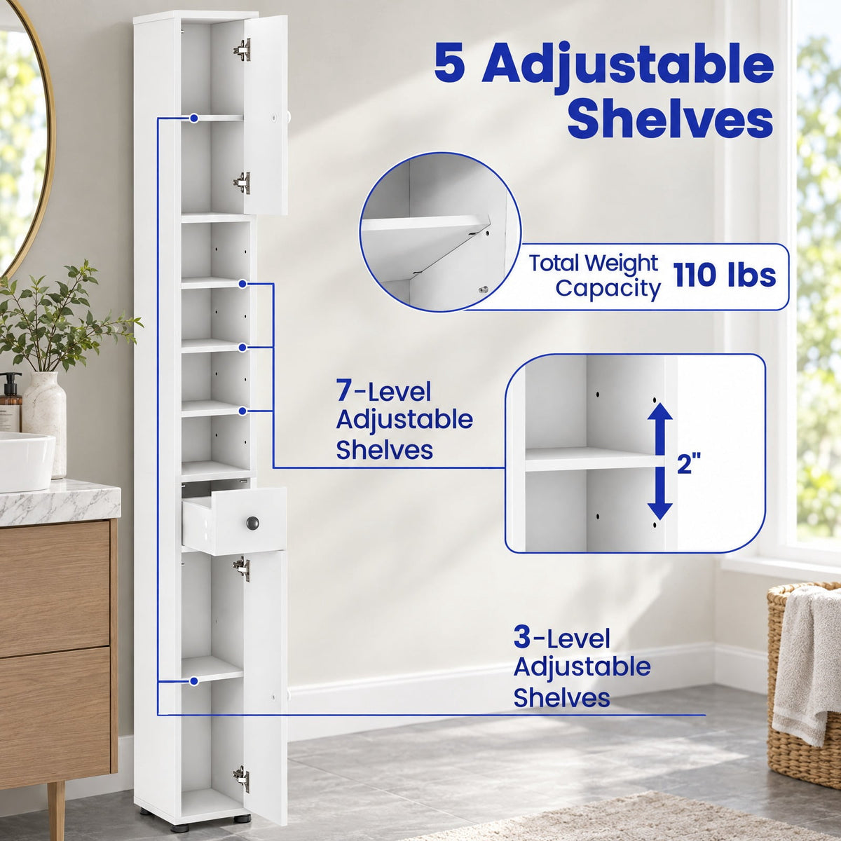 Airfind Freestanding Slim Bathroom Cabinet with Drawer and Adjustable Shelves, 110 lbs Capacity, MDF Frame, 8in x 8in x 71in Total Footprint, White