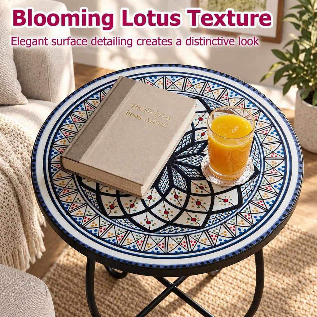 Airfind 14 Inch Floral Clover/Blooming Lotus/Bright Sunflower Mosaic Patio Accent Coffee End Table, 35 lbs Capacity, Metal Frame, 14 Inch x 20 Inch Footprint