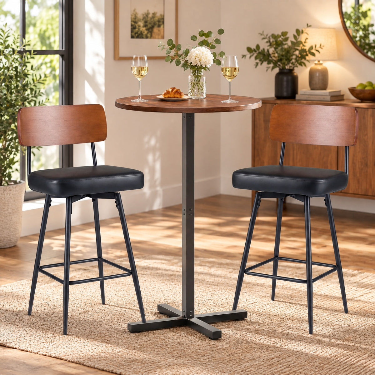 Airfind 27 Inch Padded Counter, Barstools Set of 2 with Metal Legs, 330 lbs Capacity, Metal Plywood PU Leather Sponge Frame, Black