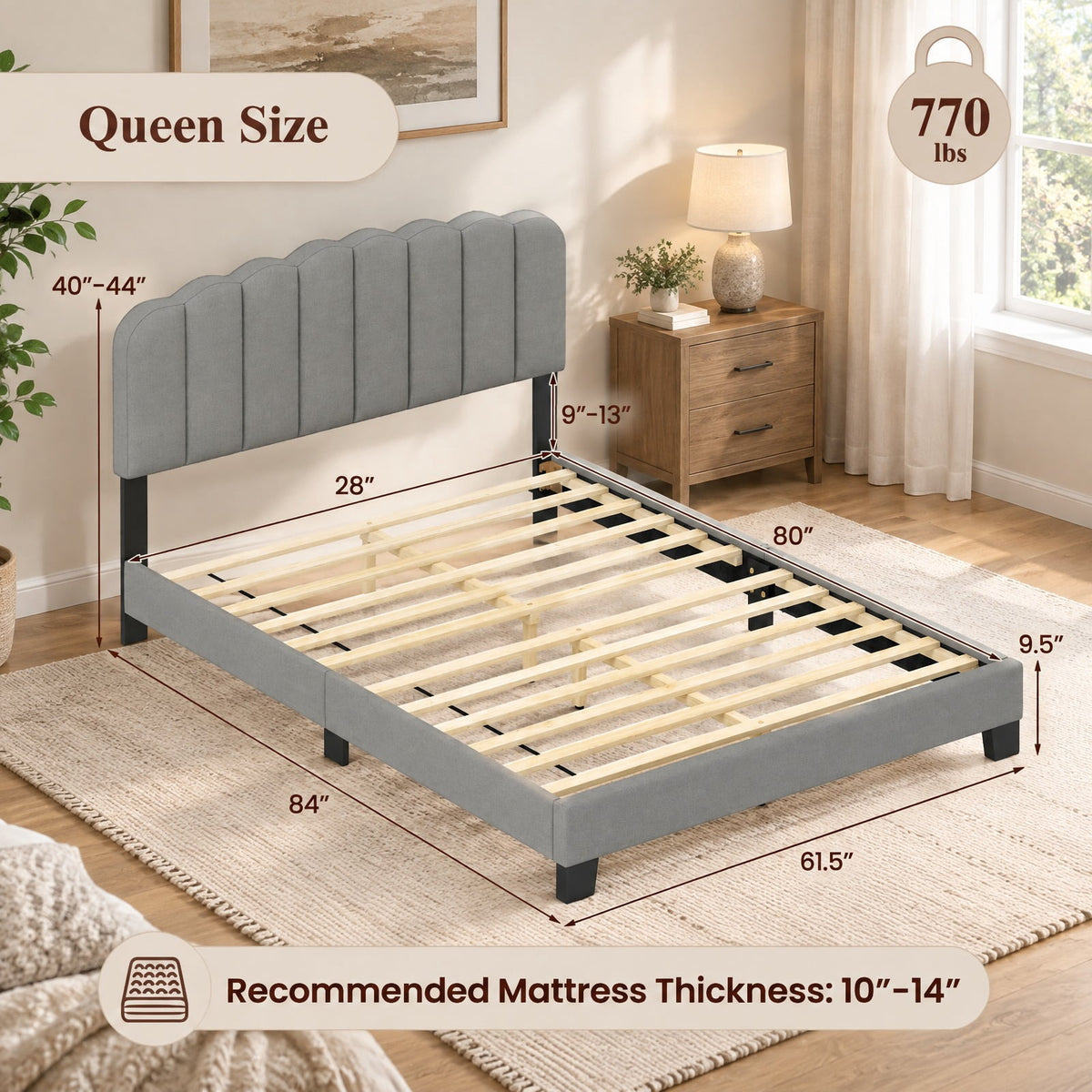 Airfind Queen Size Bed Frame with Adjustable Scalloped Tufted Headboard, 770 lbs Capacity, 84 x 61.5 x 40-44 Footprint, Gray + Black