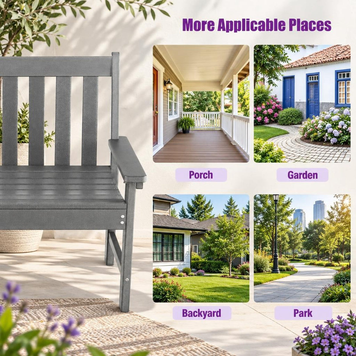 Airfind 52 Inch All-Weather HDPE Outdoor Bench with Backrest and Armrests, 705 lbs Capacity, HDPE Frame, Gray