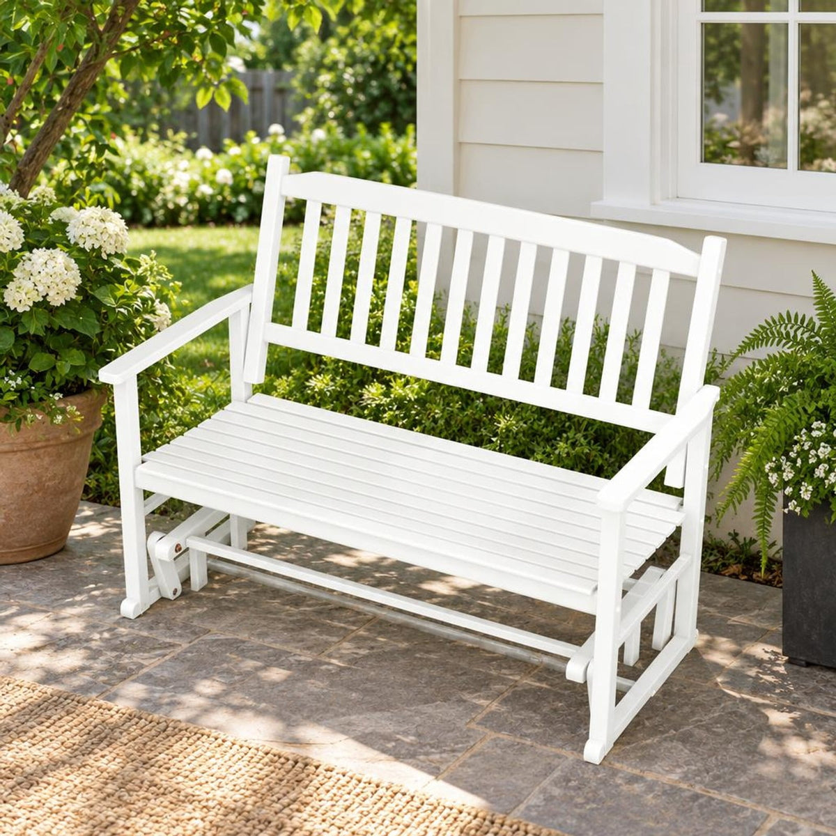 Airfind 2 Seats Outdoor Glider Bench with Armrests and Slatted Seat, 500 lbs Capacity, Poplar Wood Frame, 50 x 27 x 39 Footprint, White