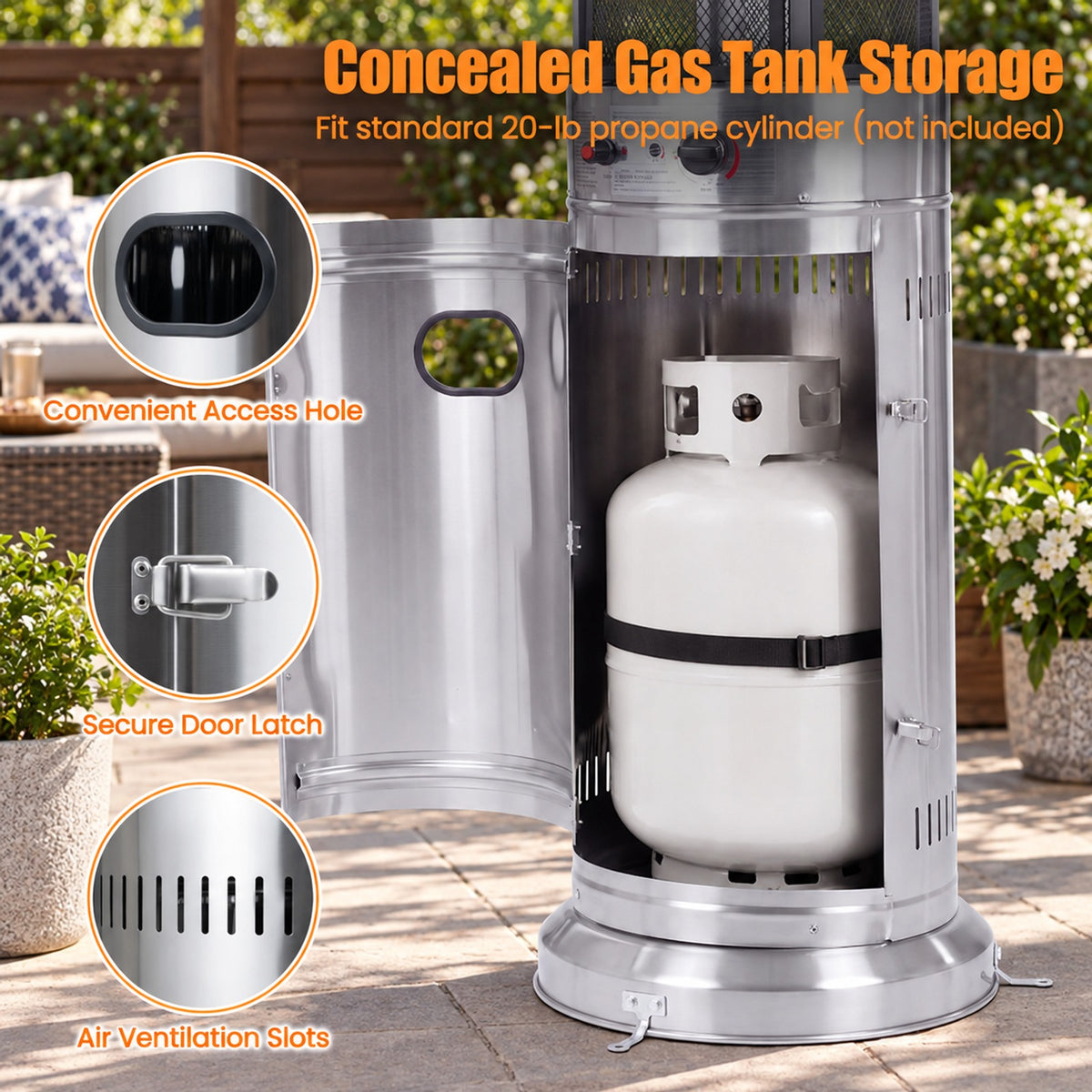 Airfind Outdoor Propane Patio Heater with Glass Tube and Tilt-Over Protection, Metal Frame, 27.5in x 74.5in Footprint, Silver