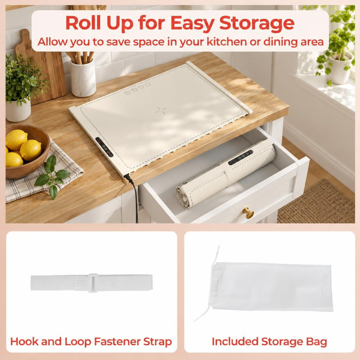 Airfind Food Warming Mat Rollable and Portable Electric Warming Tray with Fasting Heating, Silicone ABS Unfolding Frame, Beige