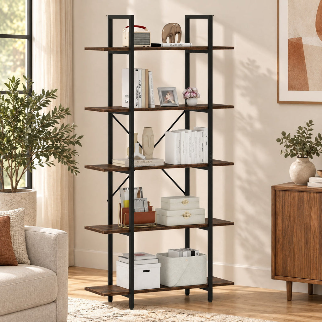 Airfind 5-Tier 62 Inch Tall Vintage Industrial Bookcase with Open Storage Shelves, 220 lbs Capacity, Engineered Wood Metal Frame, Brown