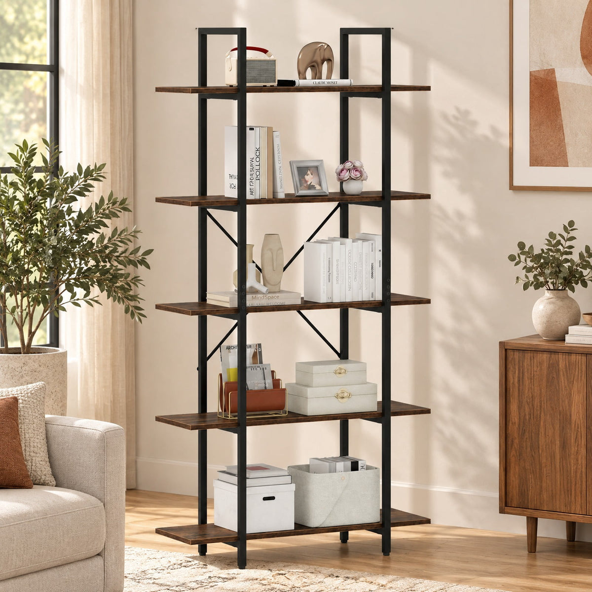 Airfind 5-Tier 62 Inch Tall Vintage Industrial Bookcase with Open Storage Shelves, 220 lbs Capacity, Engineered Wood Metal Frame, Brown