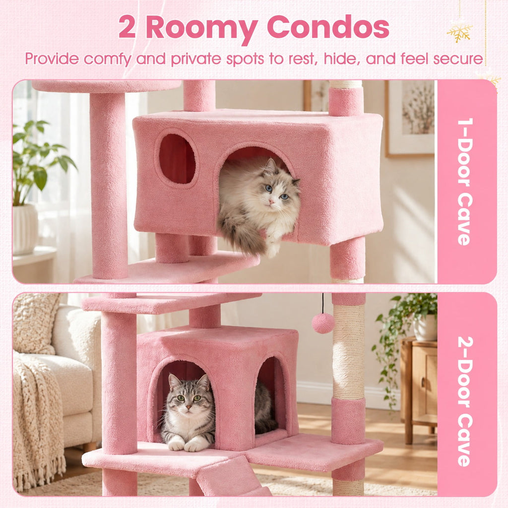 Airfind 52 Inch Tall Cat Tree Tower for Indoor Cats, 22 lbs Capacity, Engineered Wood Sponge Plush Fabric Sisal Frame, Pink