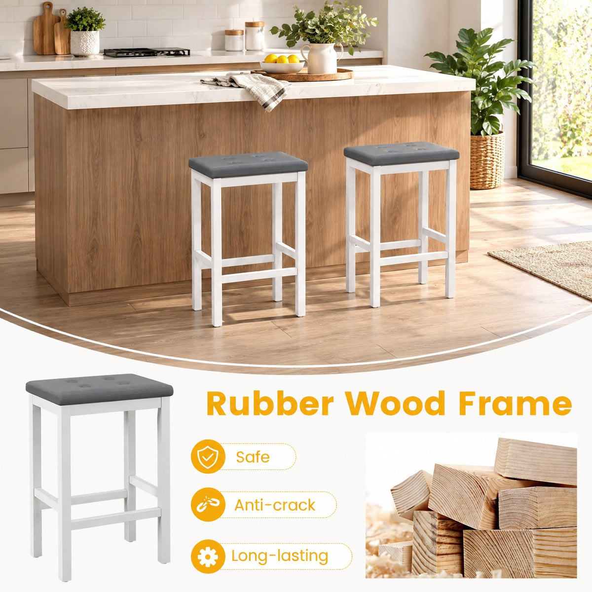 Airfind 24 Inch Bar Stools with Padded Seat Footrest and Rubber Wood, 330 Lbs Capacity, Rubber Wood Sponge PVC Leather Plywood, Gray