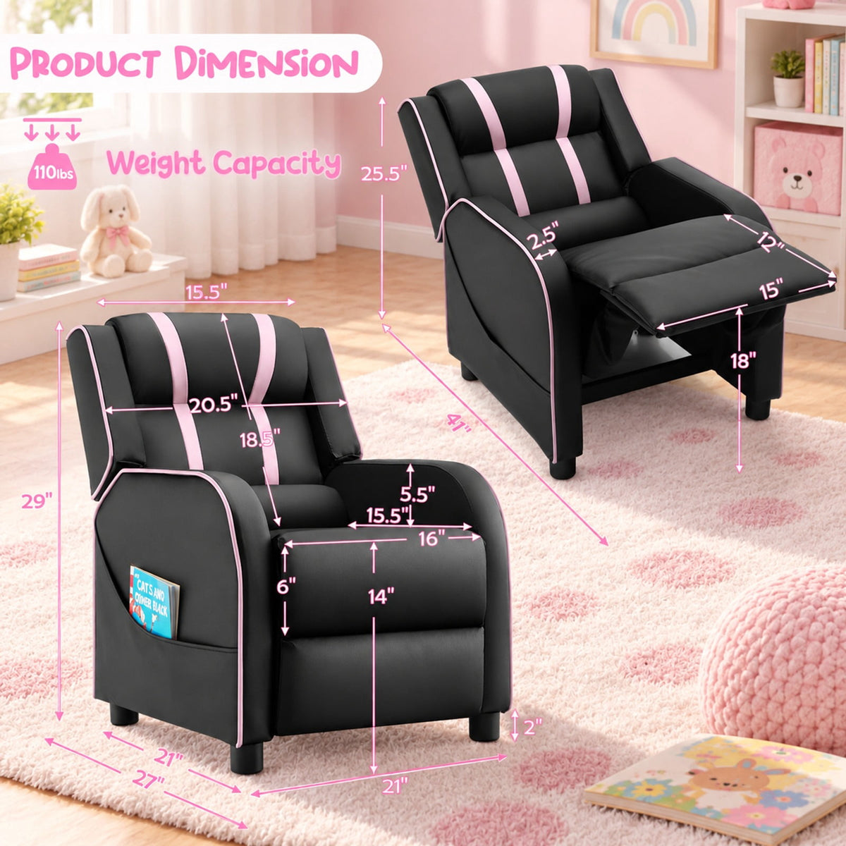 Airfind Kids Recliner Chair with Side Pockets and Footrest, 110 lbs Capacity, Sponge PU leather wood steel plastic Frame, Pink