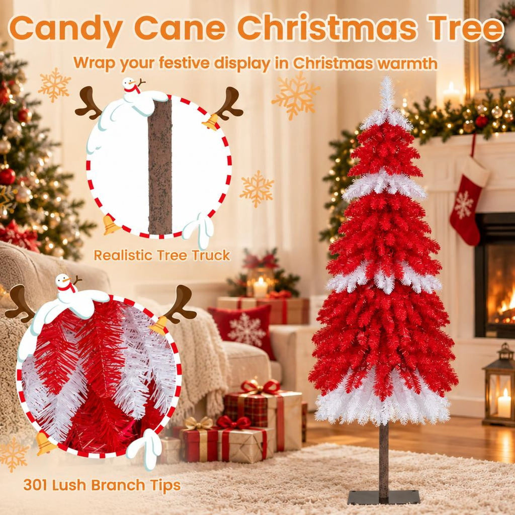 Airfind 5 FT Artificial Christmas Tree Pre-lit Xmas Trees with 301 Red and White Branch Tips, PVC Metal Tree Height 5 ft Tree Width 24in Base Frame