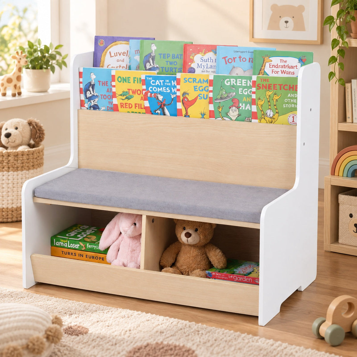 Airfind Kids Reading Nook with Bench Bookshelf and 2 Cubbies, 132 lbs Capacity, MDF Fabric Sponge Frame, White