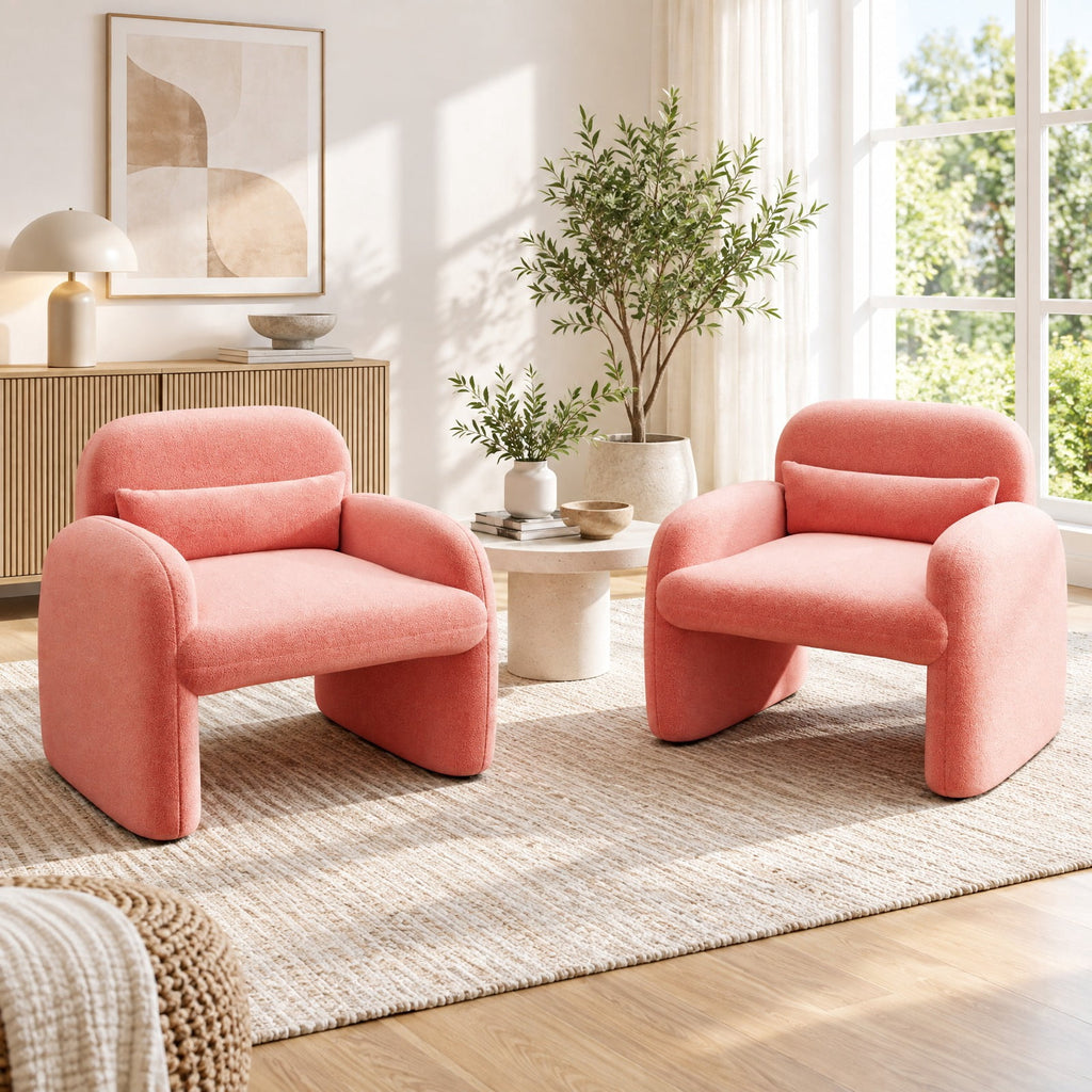 Airfind Modern Accent Chair with Waist Pillow and Armrests for Living Room Bedroom, 440 lbs Capacity, Sherpa Fabric Sponge Wooden Frame, Pink
