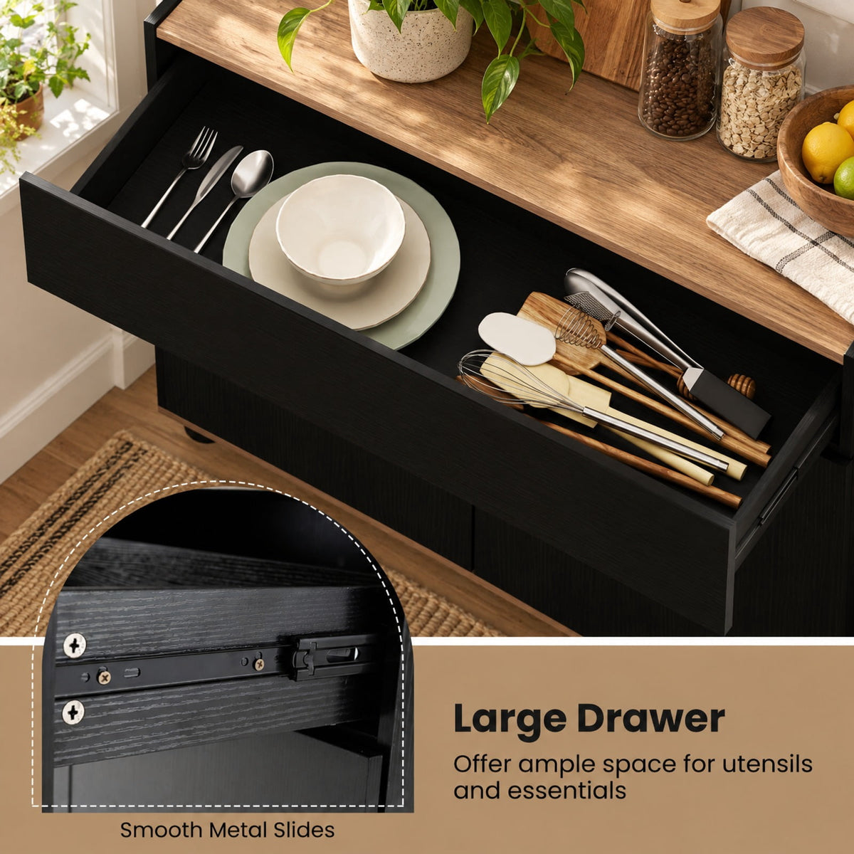 Airfind Sideboard Buffet Cabinet with Storage Wooden Kitchen Storage Cabinet, 44 lbs Capacity, Engineered Wood MDF PP Frame, Black