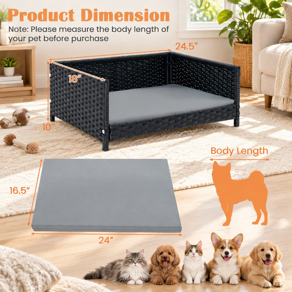 Airfind Rattan Dog Bed with Waterproof Soft Cushion for Medium Small Dogs Cats, 66 lbs Capacity, 24.5in x 18in x 10in Footprint, Gray