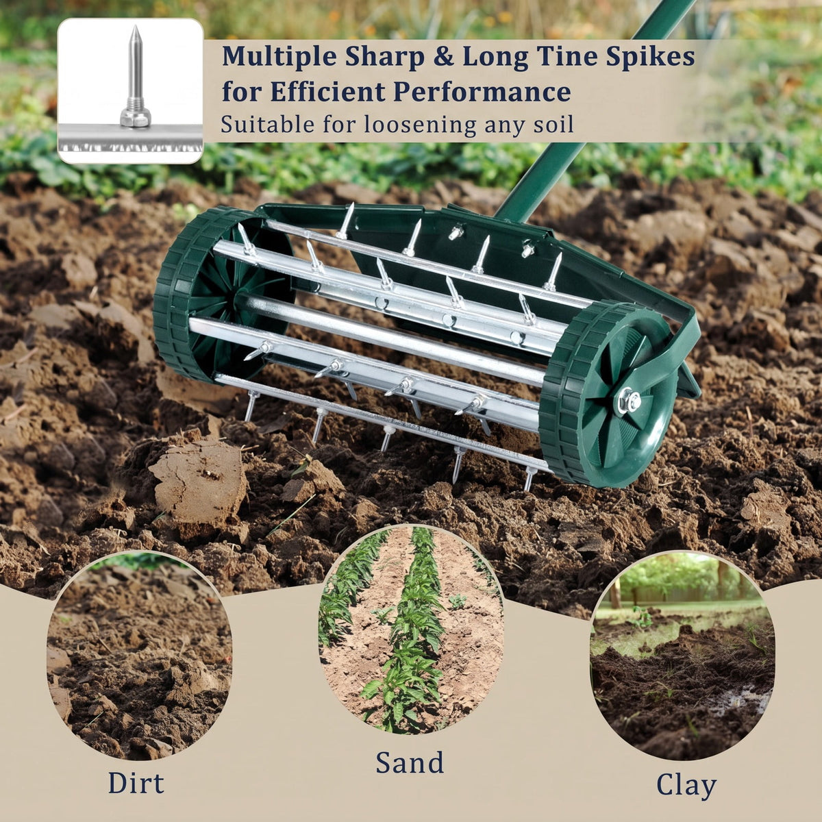 Airfind 18 Inch Rolling Lawn Aerator with Splash, Steel rubber pp Frame, 17 x 8 x 50 (L x W x H) Splash guard Footprint, Dark green and silver