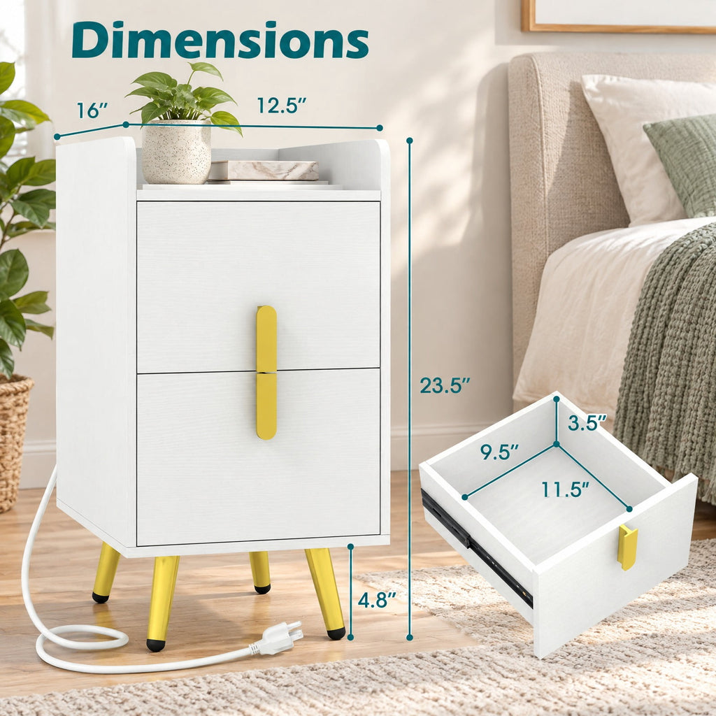 Airfind Nightstand Side Tables with 2 Drawers and Charging Station with 3 AC Outlets and 2 USB Ports, Engineered Wood MDF Metal Frame, 16 Inch x 12.5 Inch 23.5 Inch Drawer Internal Footprint, White