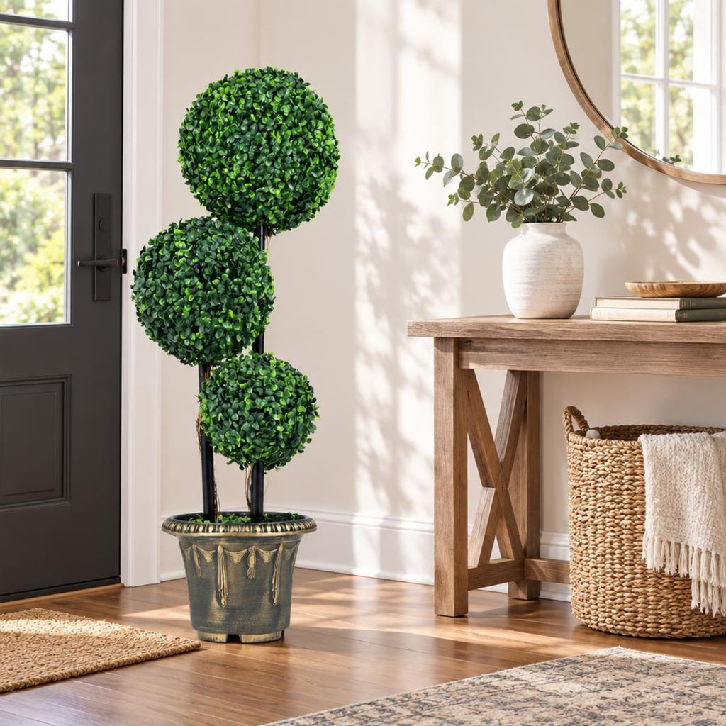Airfind 35 Inches Artificial Boxwood Topiary Tree Triple Ball Shrubs, PE Metal Solid Wood Cement PP Tree Height 29 Inch /35 Inch Pot Frame