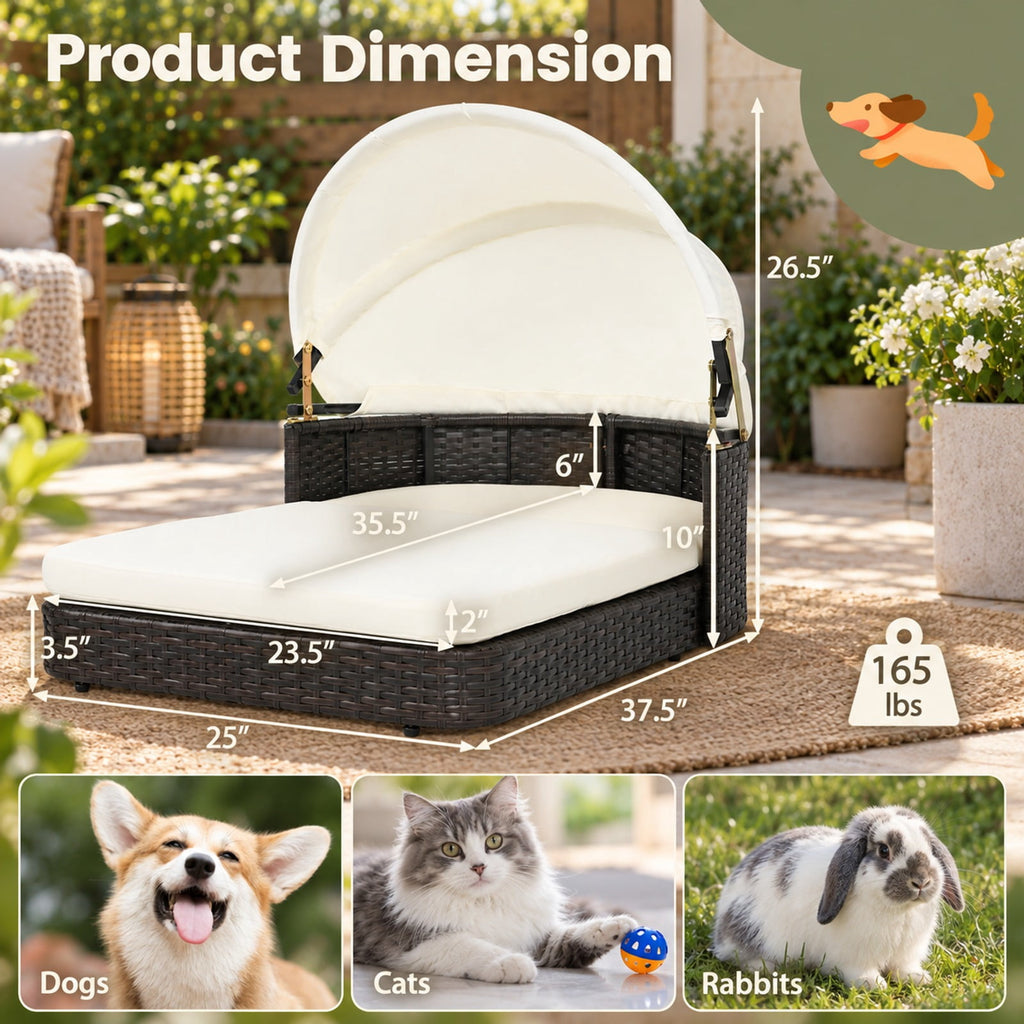 Airfind Handwoven Rattan Pet Daybed with 2 Detachable Soft Cushions for Small and Medium Dogs, 165 Lbs Capacity, PE Rattan Polyester Steel, White