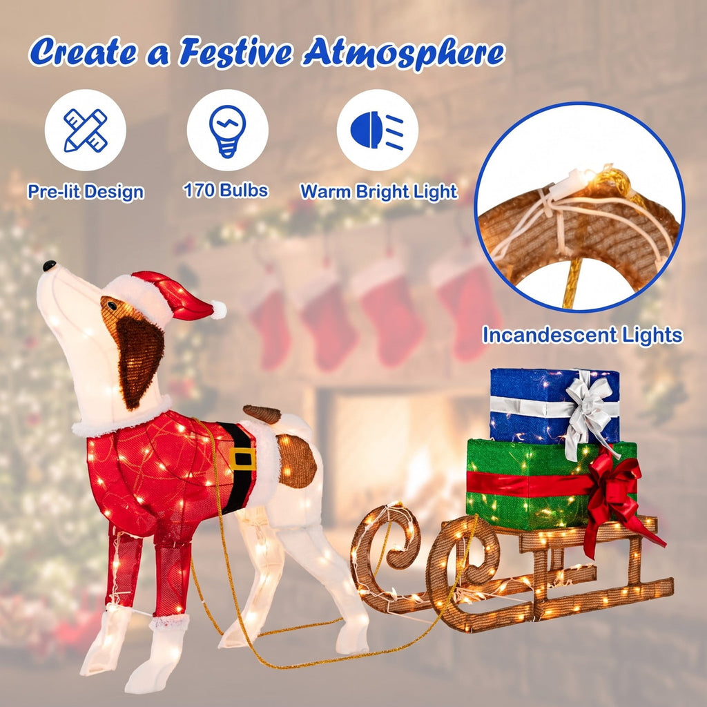 Airfind Outdoor Pre-lit Xmas Dog and Sleigh with 170 Warm Bright Lights for Porch, Fabric Metal