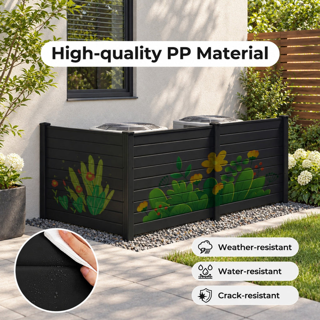 Airfind 48 x 38 Inch Air Conditioner Fence 3 Panels with Metal Ground Stakes for Patio Backyard, PP ABS Galvanized Metal Frame, Black