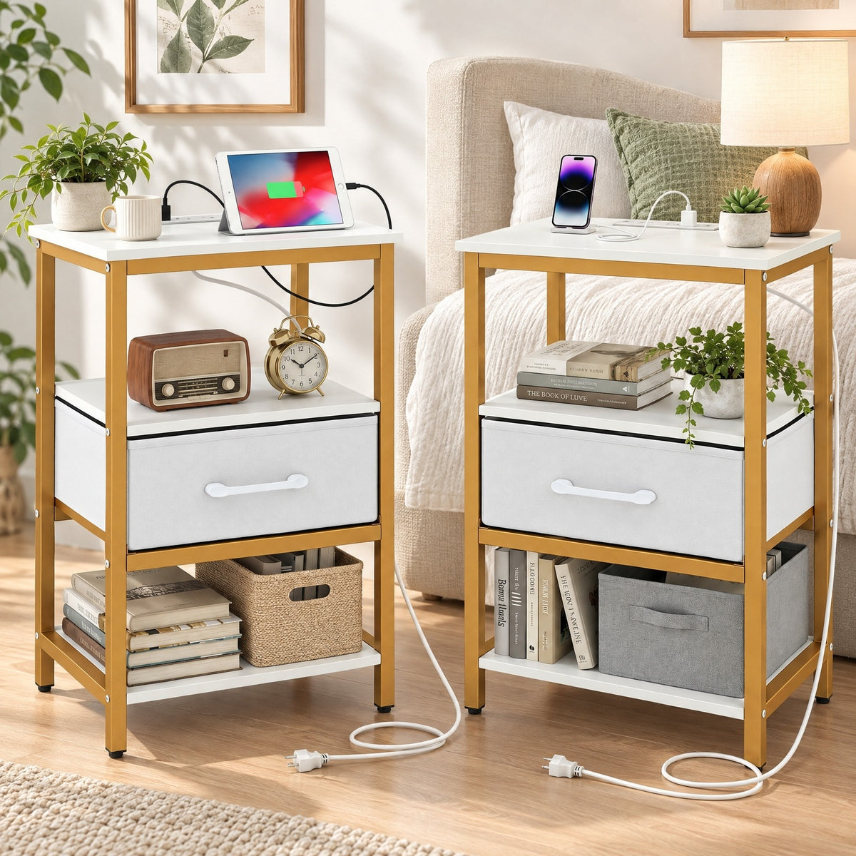 Airfind Nightstand with Charging Station and Adjustable Fabric Drawer for Bedroom and Living Room-Set of 2, 44 lbs Capacity, White and Gold