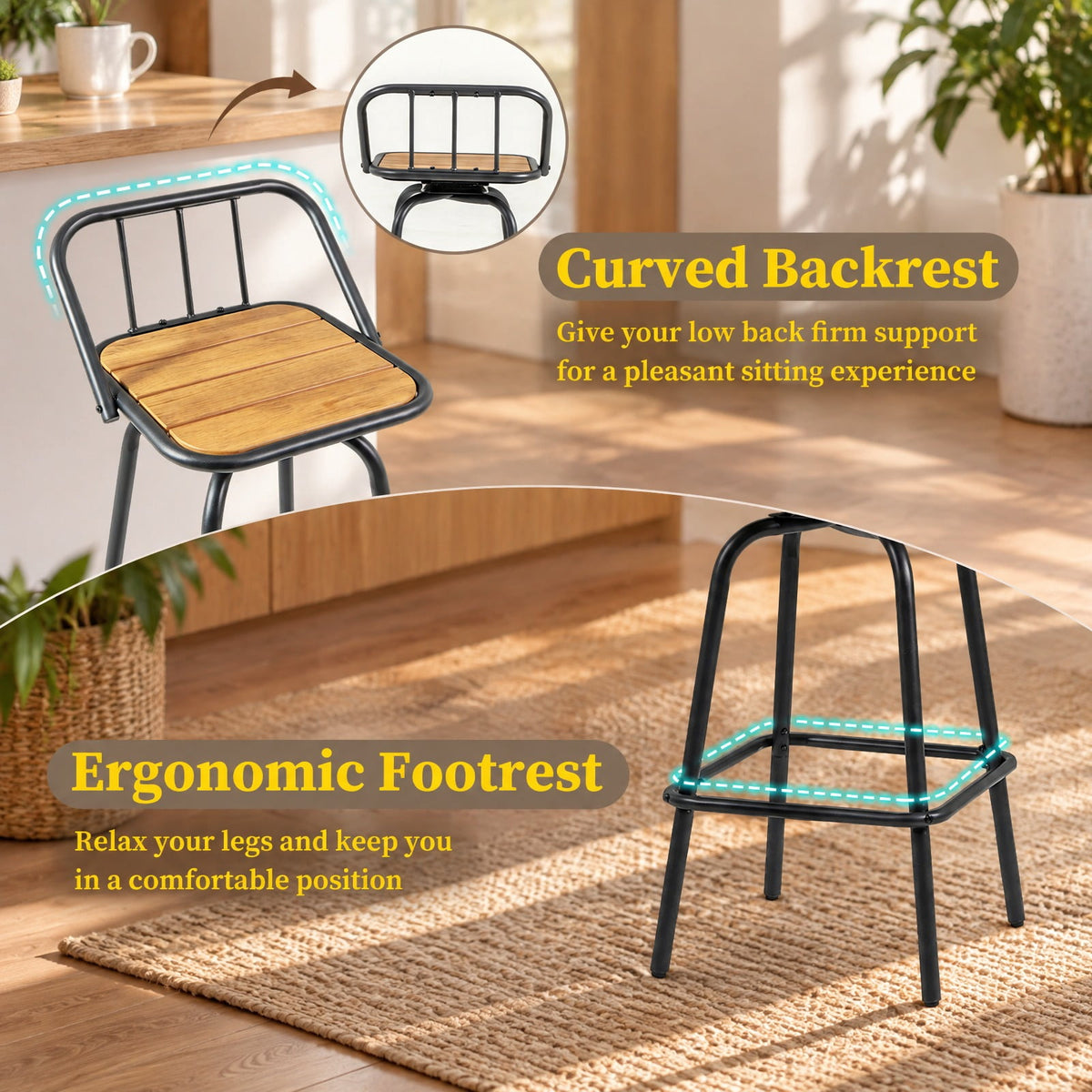 Airfind 360° Swivel Bar Stool Set of 2 with Footrest and Backrest-Balck and Natural, 275 lbs Capacity, Plastic Wood Metal Frame, Natural