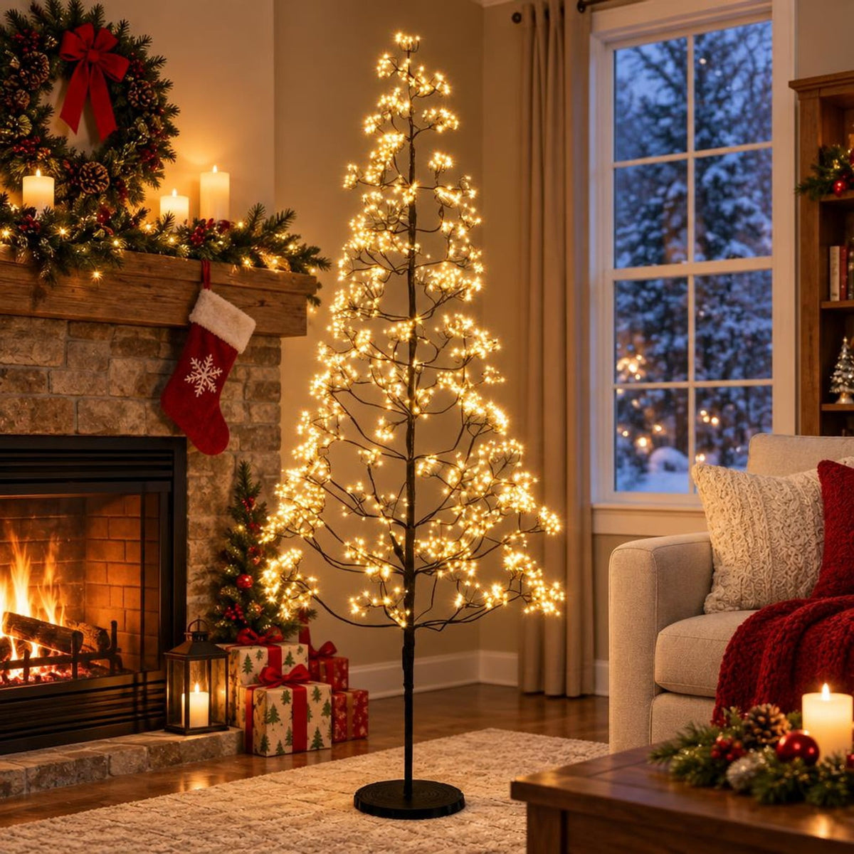 Airfind 5/6/7 FT Lighted Alpine Tree with Warm White Light LED Lights Pre-lit Artificial Cedar Tree with Weighted Base-6ft, White