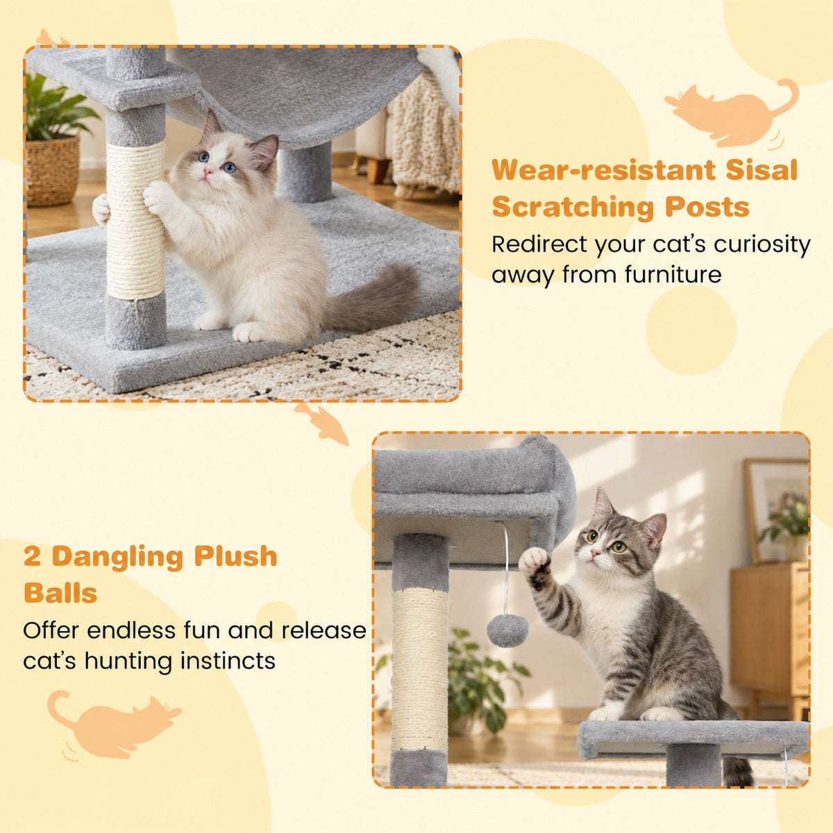 Airfind Multi-level Cat Tree Modern Cat Tower with Upholstered Perch and 2 Cat Condo, 24 x 18.5 Footprint, Gray